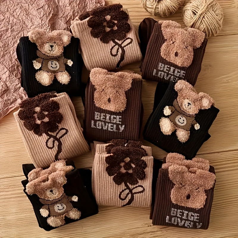 3 Pairs Of Cartoon Bear Print Socks, Comfortable And Cute Mid-calf Socks, Women's Stockings And Socks